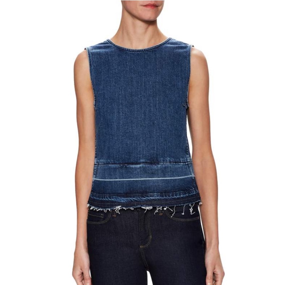 Theory Blue Reli D Frayed Sleeveless Round Neck Back Zip Denim Top Size P - Picture 1 of 9